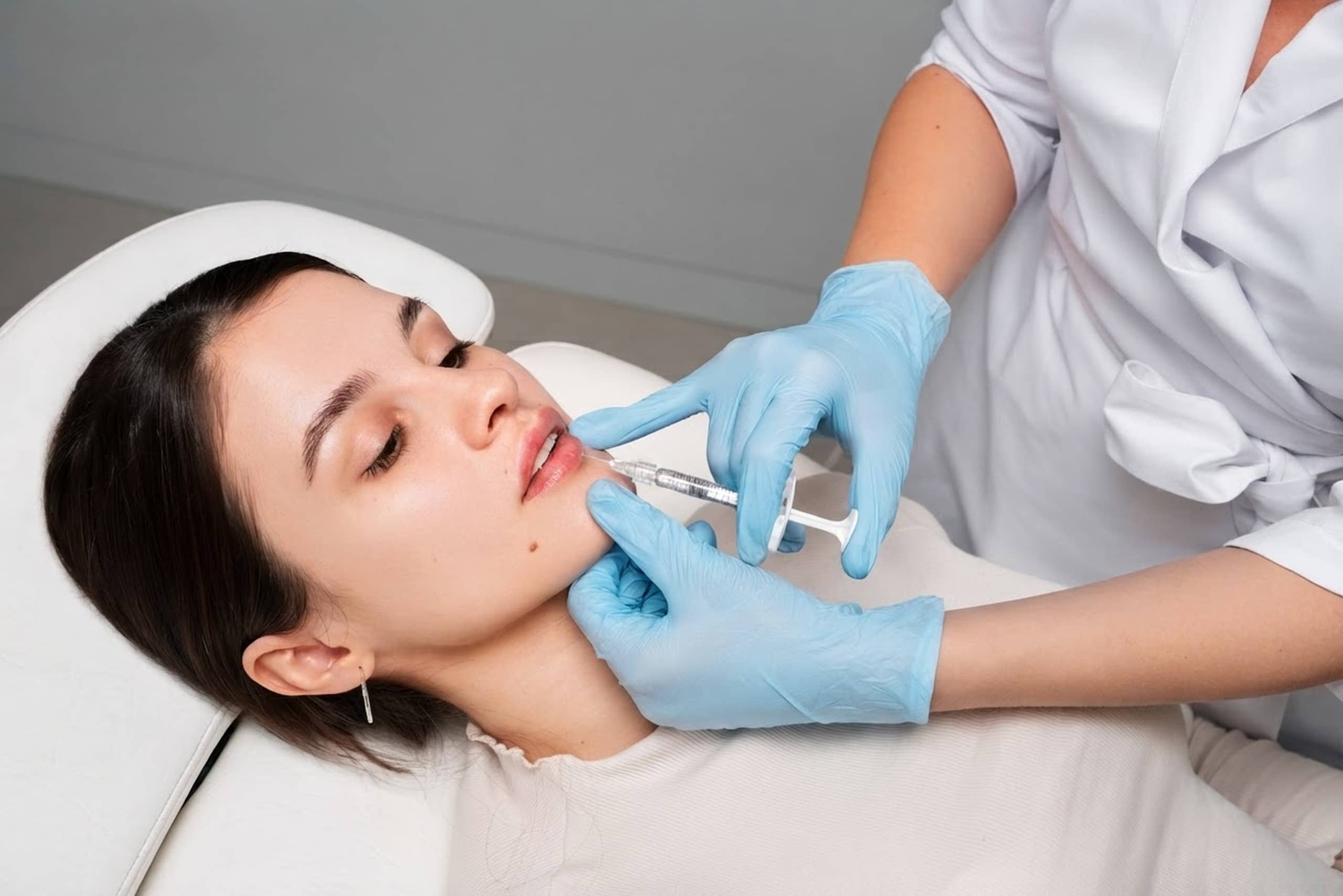 A practitioner's gloved hands placing dermal filler in a client's lip